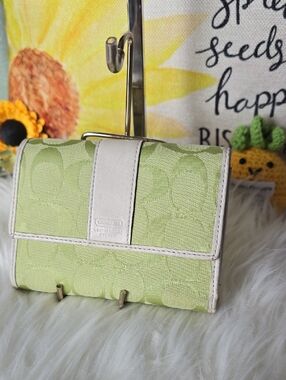Coach Light Green Signature C's Jacquard Wallet with White/ Cream Trim